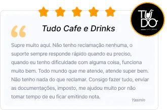 Avaliação positiva do Tudo Cafe e Drinks sobre o sistema para cafeterias, destacando suporte ágil, emissão de notas e gestão de documentos fiscais.